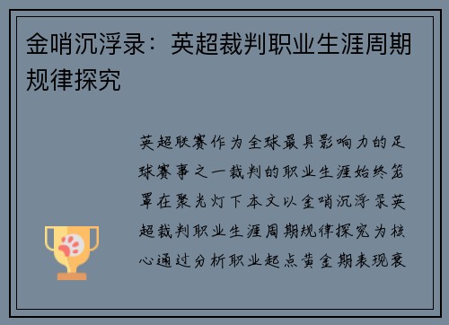 金哨沉浮录：英超裁判职业生涯周期规律探究