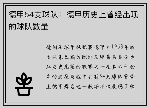 德甲54支球队：德甲历史上曾经出现的球队数量