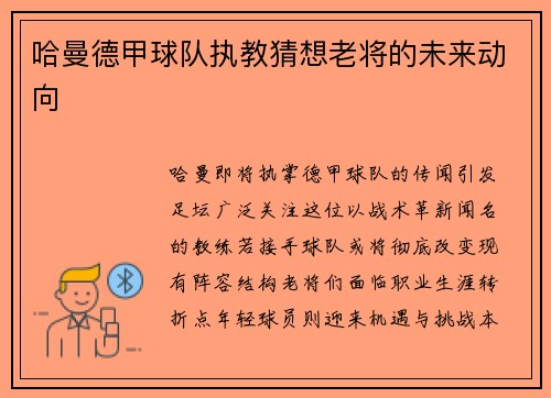 哈曼德甲球队执教猜想老将的未来动向