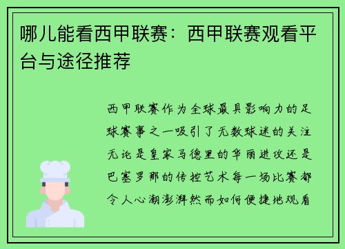 哪儿能看西甲联赛：西甲联赛观看平台与途径推荐