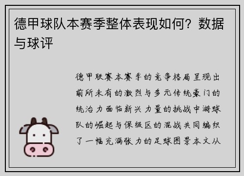 德甲球队本赛季整体表现如何？数据与球评